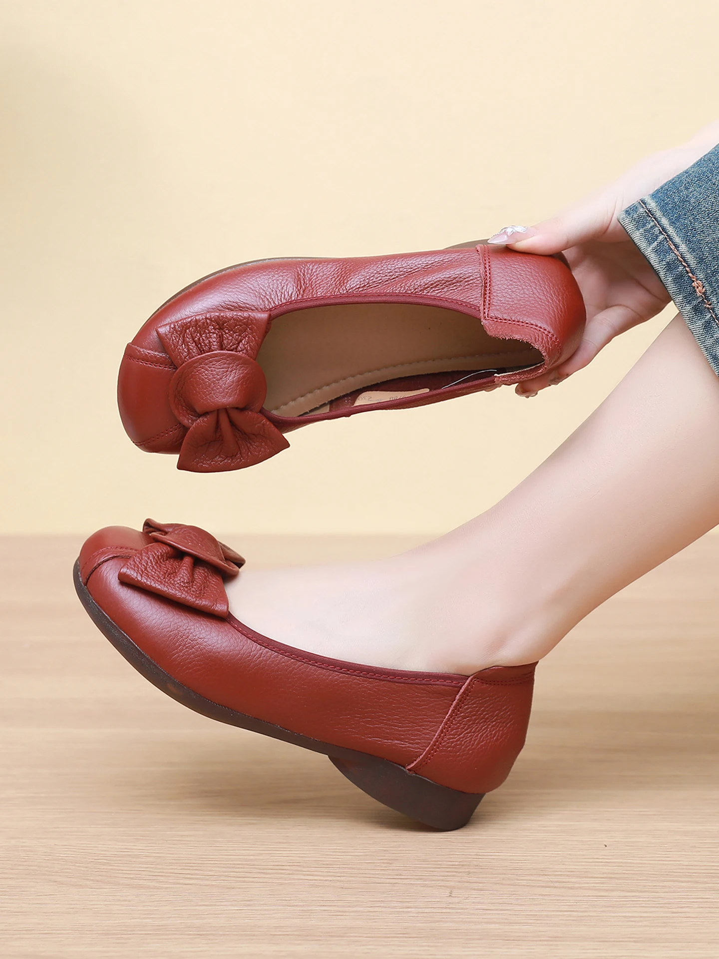 burgundy-knot-soft-bottom-leather-slip-on-shoes-comfortable-all-day-wear-flat-heel-casual-fashion-women's-footwear