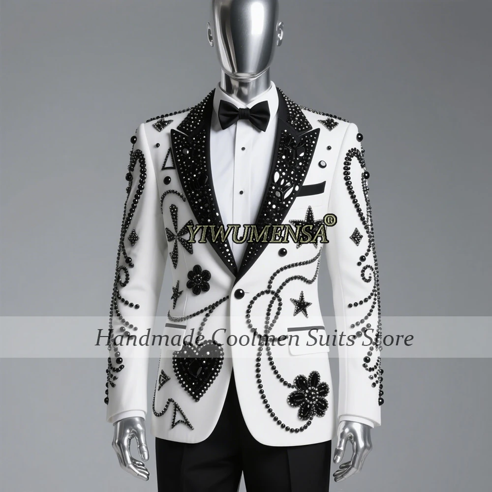 

Блестящий бисерный жемчуг, геометрические костюмы, мужские черные смокинги с лацканами и блестками, индивидуальные комплект из 2 предметов, свадебные костюмы для жениха, homme
