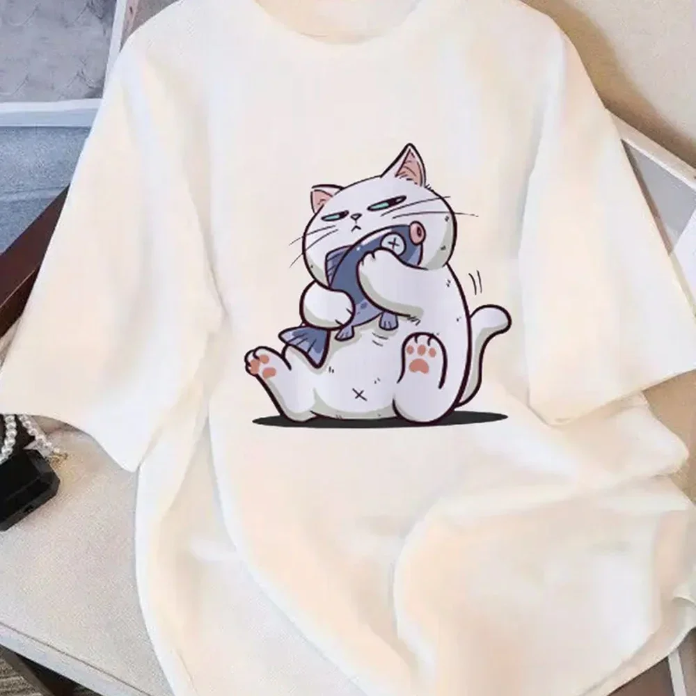 2025 الصيف المرأة فضفاضة الجولة الرقبة تي شيرت تنوعا مريحة عادية الشباب شعبية اليومية لطيف القط نمط تي شيرت خمر