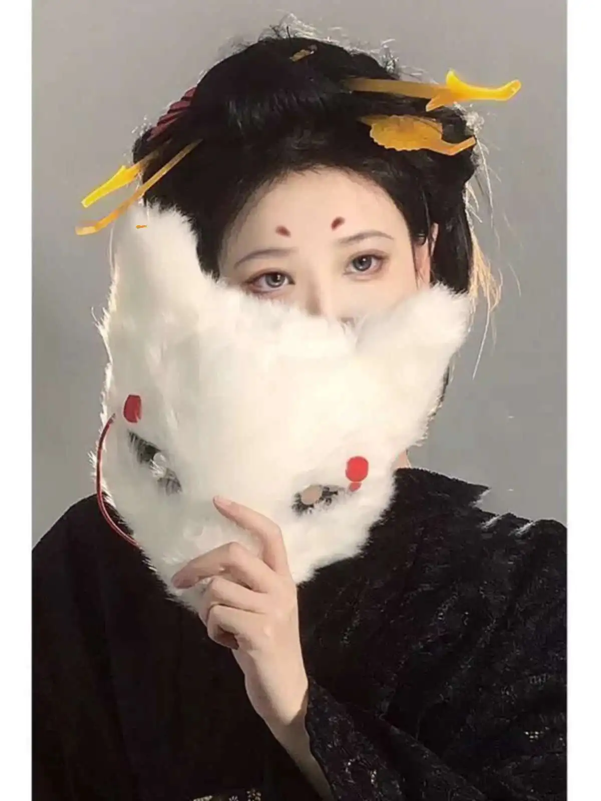 Halloween cosplay anime gueixa máscara traje de pelúcia raposa máscara facial meia face de pelúcia masquerade foto adereços