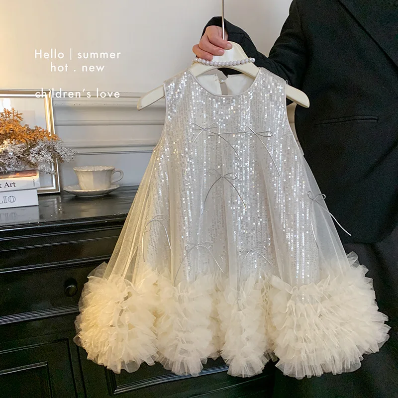 Girls Dress 2026 New Children Princess Dress Sleeveless Summer Light Luxury High-End Gown Girl Mesh Vest Dress