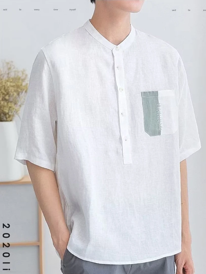 

Cotton Linen Henry Collar ort Sve irt f Open Collar Breathable Youthful Sle American Casual Loose Fit ex