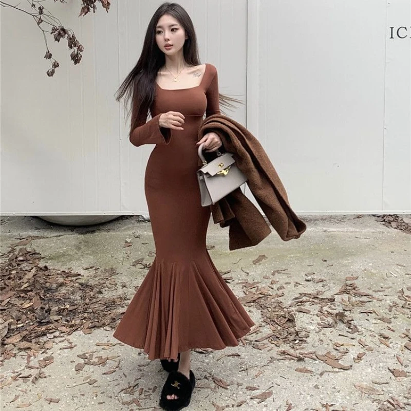 부드러운 여성용 긴팔 드레스 코튼 A라인 세일 고품질 럭셔리 섹시 K팝 비치 Y2K 피쉬테일 드레스