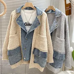 2023 neue Herbst Winter Frauen Spleißen Denim Jacke Frauen Langarm Jean Jacken Weibliche Lose Pullover Strickjacke Jacke