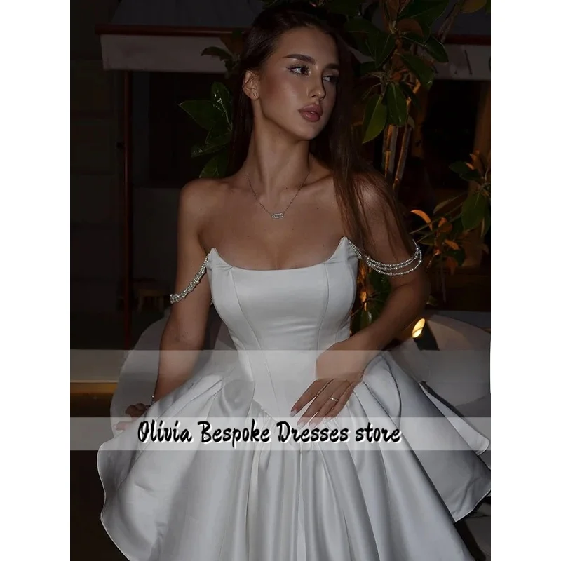 Modern Wedding Dresses Satin A-line Wedding Party Dresses White Off-the-shoulder Pearls Ruched Pleat Wedding Dresses Customized