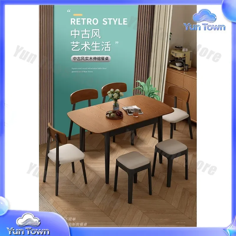 Medieval Style Solid Wood Dining Table for Apartment Household Retractable Folding Rectangular Dining Table and Chair Set