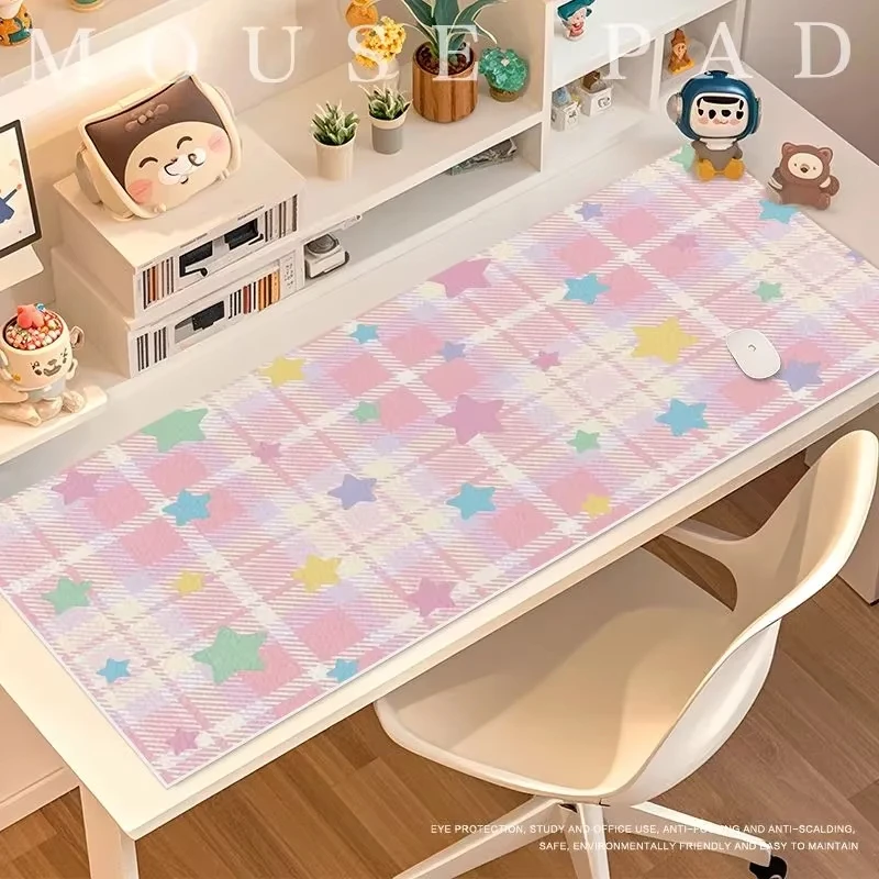 Leather Desk Pad Colorful Grid Stars Pu Office Desk Mat Mouse Pad Computer Carpet Mat Player Laptop Keyboard Cute Kawaii Cartoon