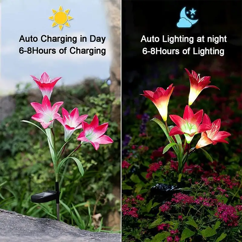 Outdoor Solar Lights With 4 Lily Flowers Lamp Solar Powered Lawn Flower Light For Garden Pathway Patio Landscape Decor