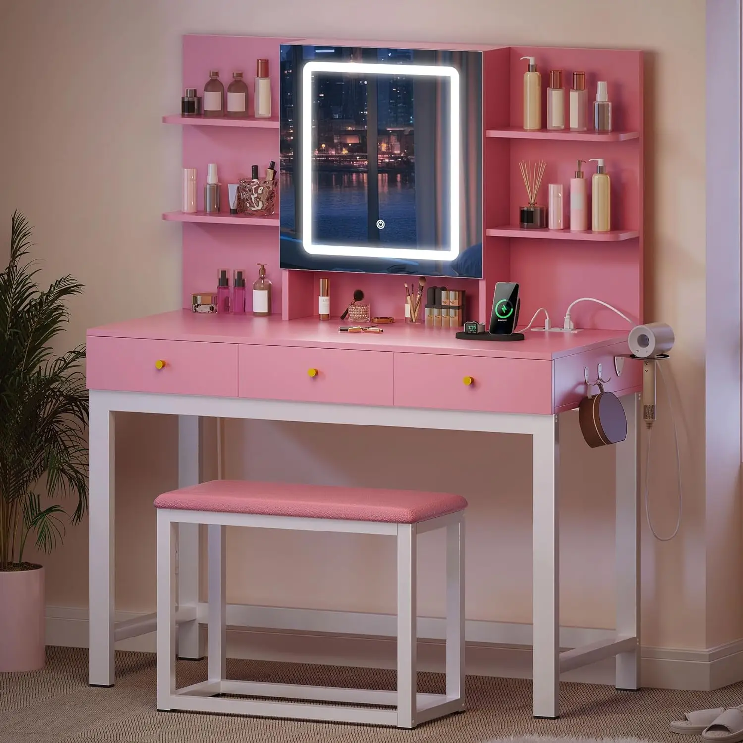 مكتب فانيتي مع مرآة وأضواء LED ومخرج طاقة، 3 أوضاع إضاءة قابلة للتعديل، مجموعة طاولة تزيين مع كرسي، طاولة مكياج