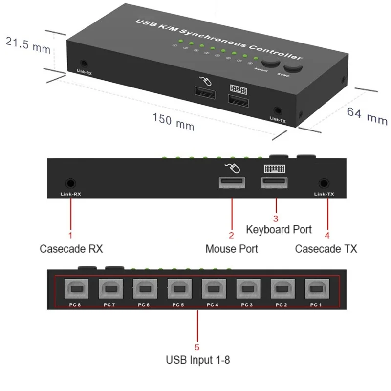 8 Port USB Synchronous Controller Adapter 8x1 USB2.0 Male Connector Repeater For Games Keyboard Mouse KVM Splitter Extender