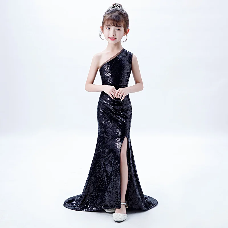 2-14 Yrs Child Girl Sequin Mermaid Dress Black Formal Prom Evening Dresses Long Luxury 2022 Celebrity Party and Wedding Cocktail