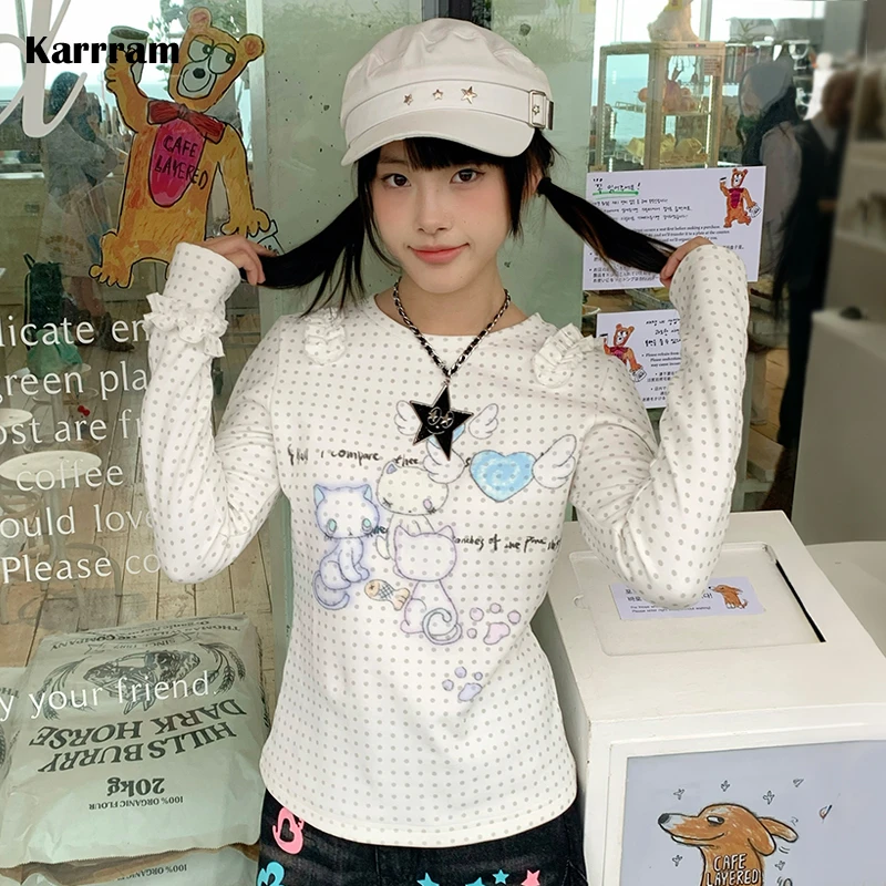 Karrram Japanese Y2k Anime Print Knitted Tops 2000s Aesthetics Long Sleeve T-shirt Cutecore Polka Dots Ribbed Tops Kawaii Cat