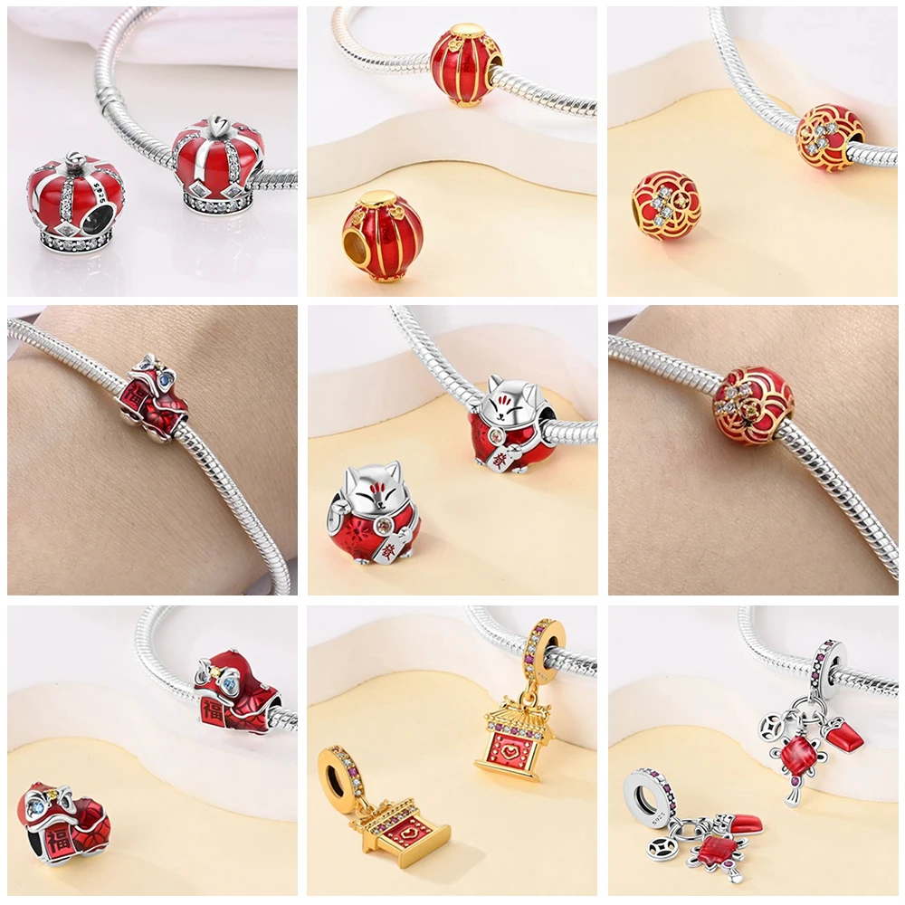 سلسلة جديدة على الطراز الصيني-سلسلة فضة حمراء فانوس محظوظ القط صالح الأصلي سحر الإسورة سحر سوار قلادة ديي النساء المجوهرات
