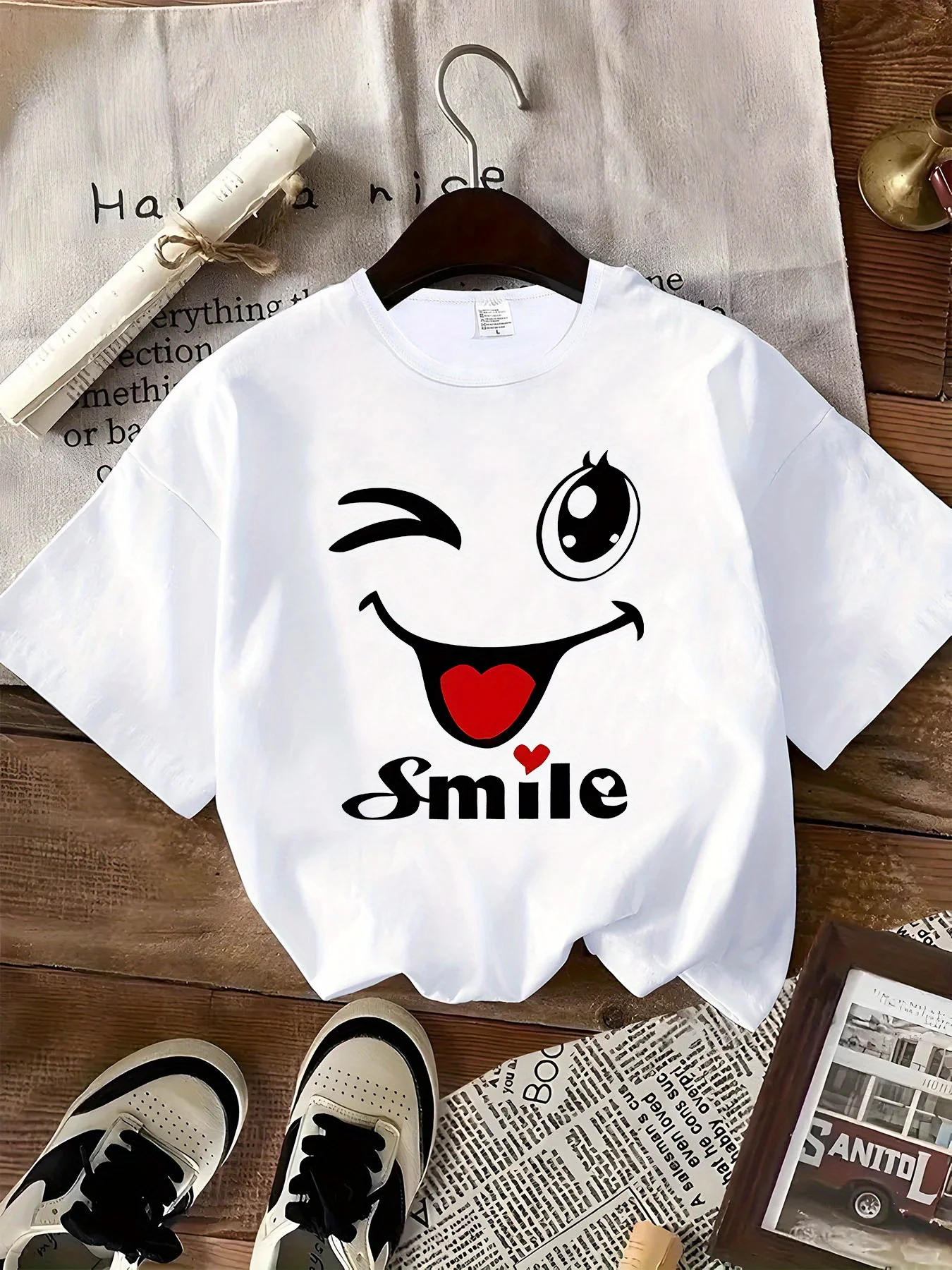 Wink Smile Women's Tee - Cute Emoji Graphic, Playful Happy Print for Casual Daily Wear