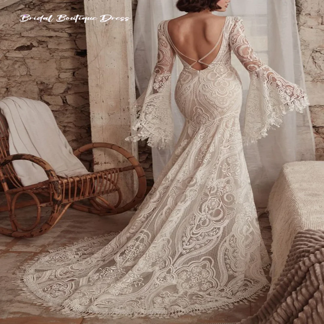 Customized Exquisite Flare Sleeve Wedding Party Dress for Women Sheath Illusion  Lace Bridal  Floor Backless Dresses Beach Train