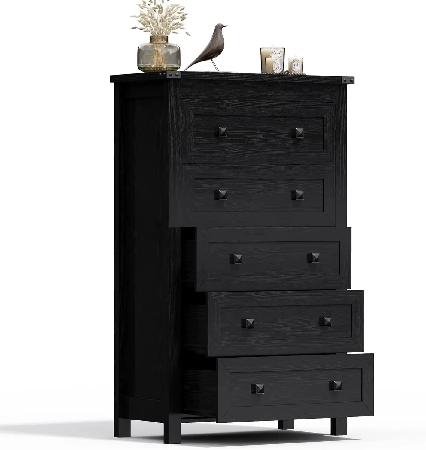 Dresser for Bedroom Dresser Black with 5 Drawer Wood Storage Tower Chest Large Organizer Cabinet for Kids Room Living Room Hallw