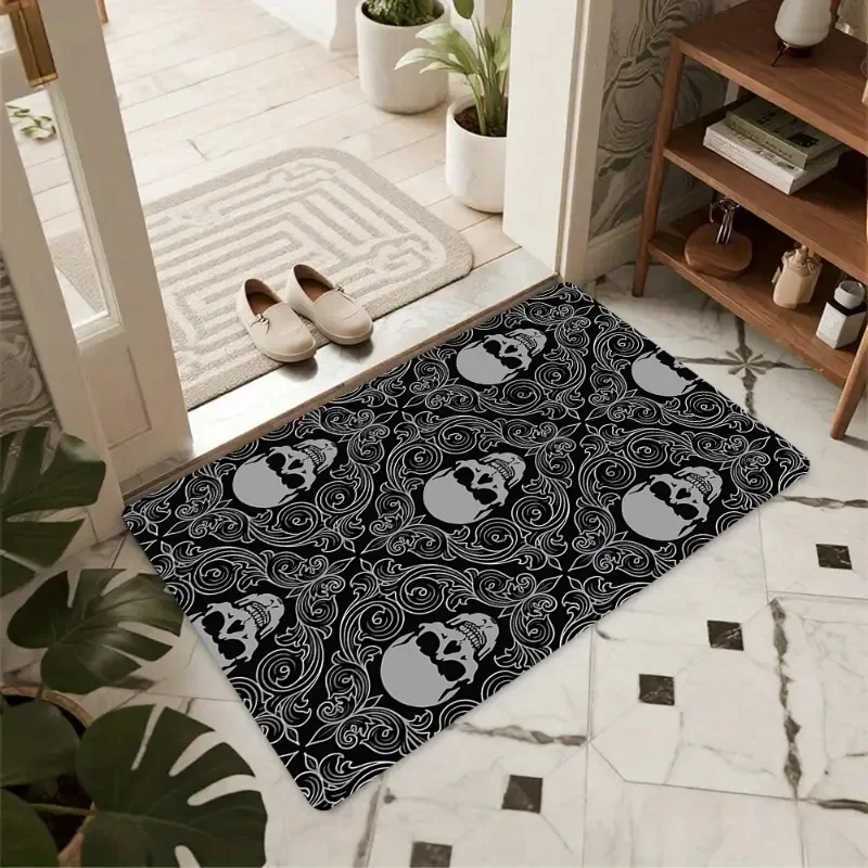 Gothic Dark Skull Pattern Door Mat Non-slip Absorbent Entryway Rug Modern Home Decor Carpet for Bedroom Porch Kitchen