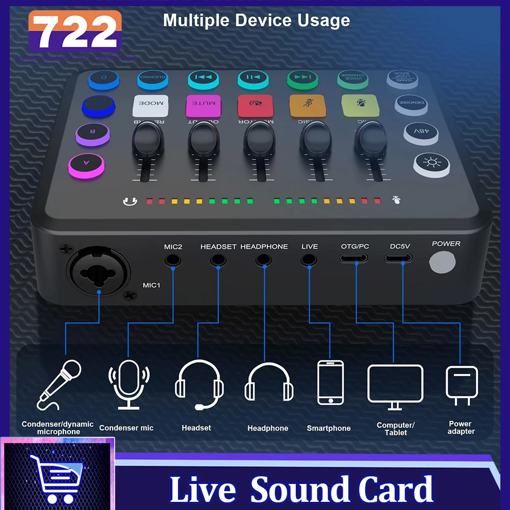 

F11 Live Sound Card Streaming 5-Channel Mixer Sound Card Audio for Game Voice Podcast Live Streaming Kit Podcast Accessories Par