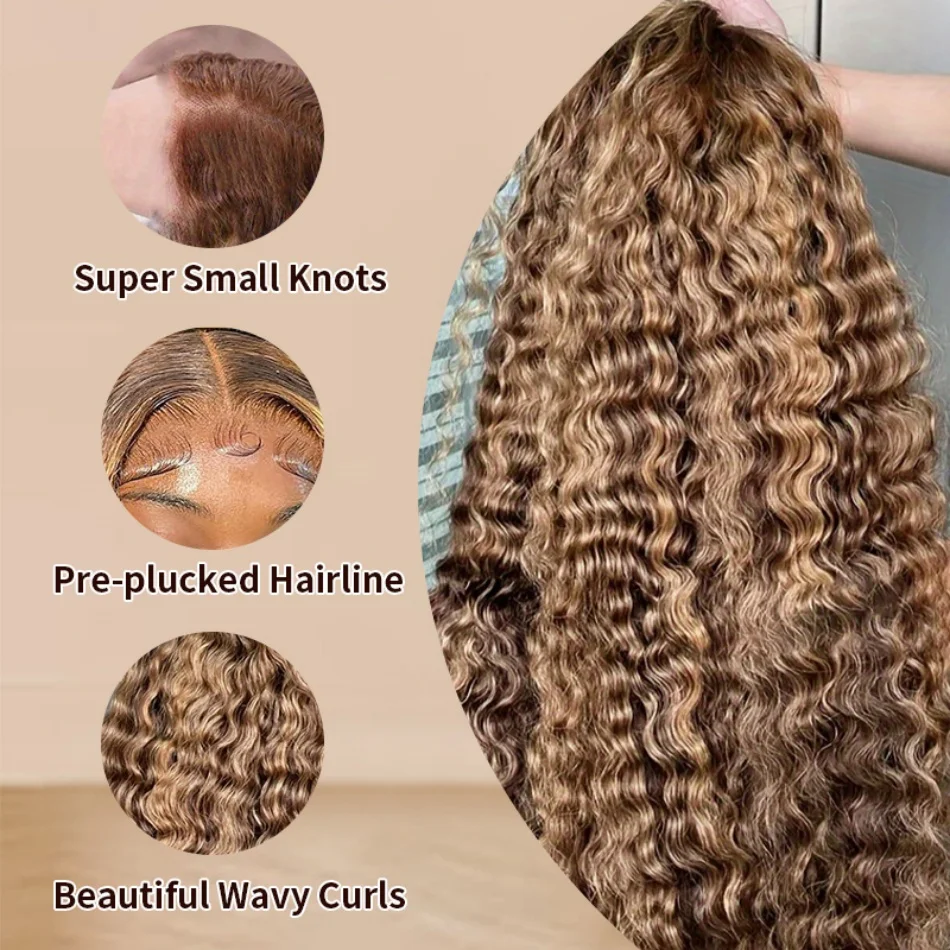 200 عالية الكثافة موجة عميقة تسليط الضوء على 13x4 13x6 HD الدانتيل أمامي موجة المياه شعر مستعار البرازيلي 100% الملونة P4/27 شعر بشري مجعد الباروكات