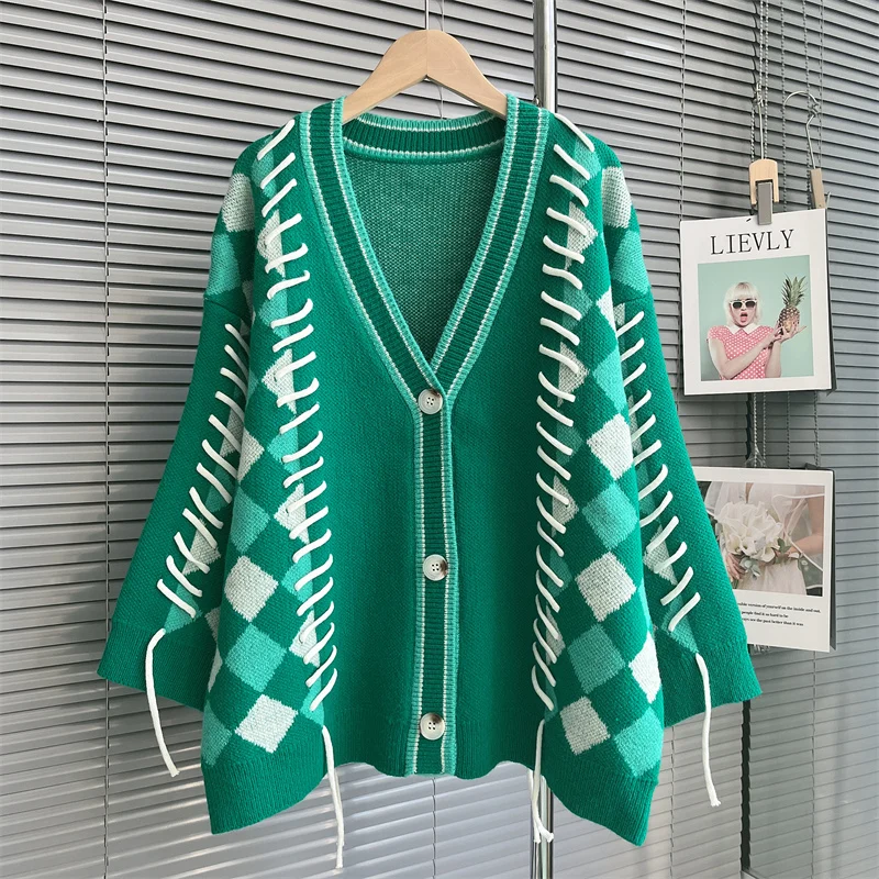 Sweater Vintage musim gugur dan musim dingin, mantel wanita longgar gaya Jepang, kardigan rajut tali, pakaian Argyle longgar, mantel musim gugur dan musim dingin 2023