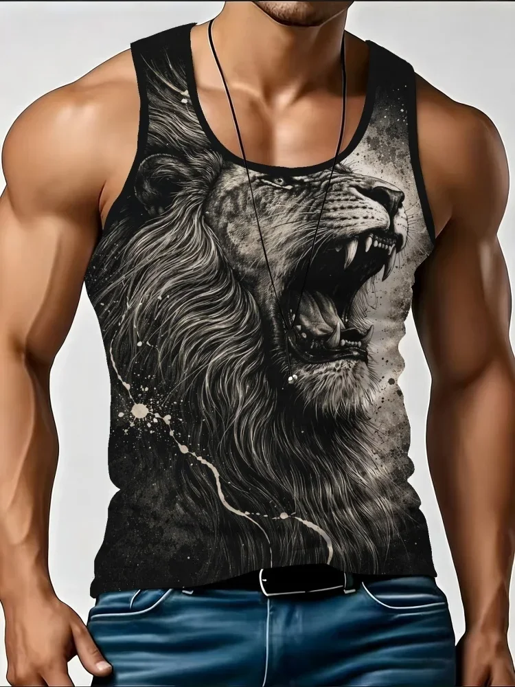 Trendy Wild Tiger Lion Pattern Print Men Sleeveless Vests Funny Animal Graphic Tank Tops Summer Street Hip-hop Men's Y2k Clothes