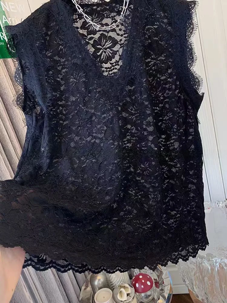 

Sli Lace Svel Vest Large Size Loose Slimming Top Women's Base irt Faionable Casual V-Ne Summer Upperwear