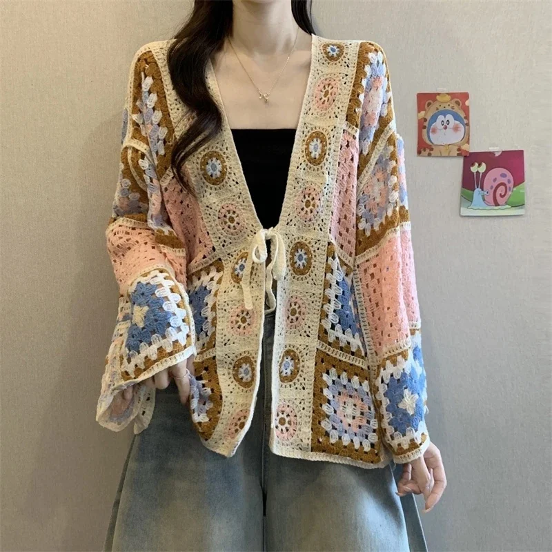 2026 New Spring Autumn Bohemian Crochet Cardigan Women's Hollow Out Loose Knit Cover Up Stylish Ethnic Fashion Top