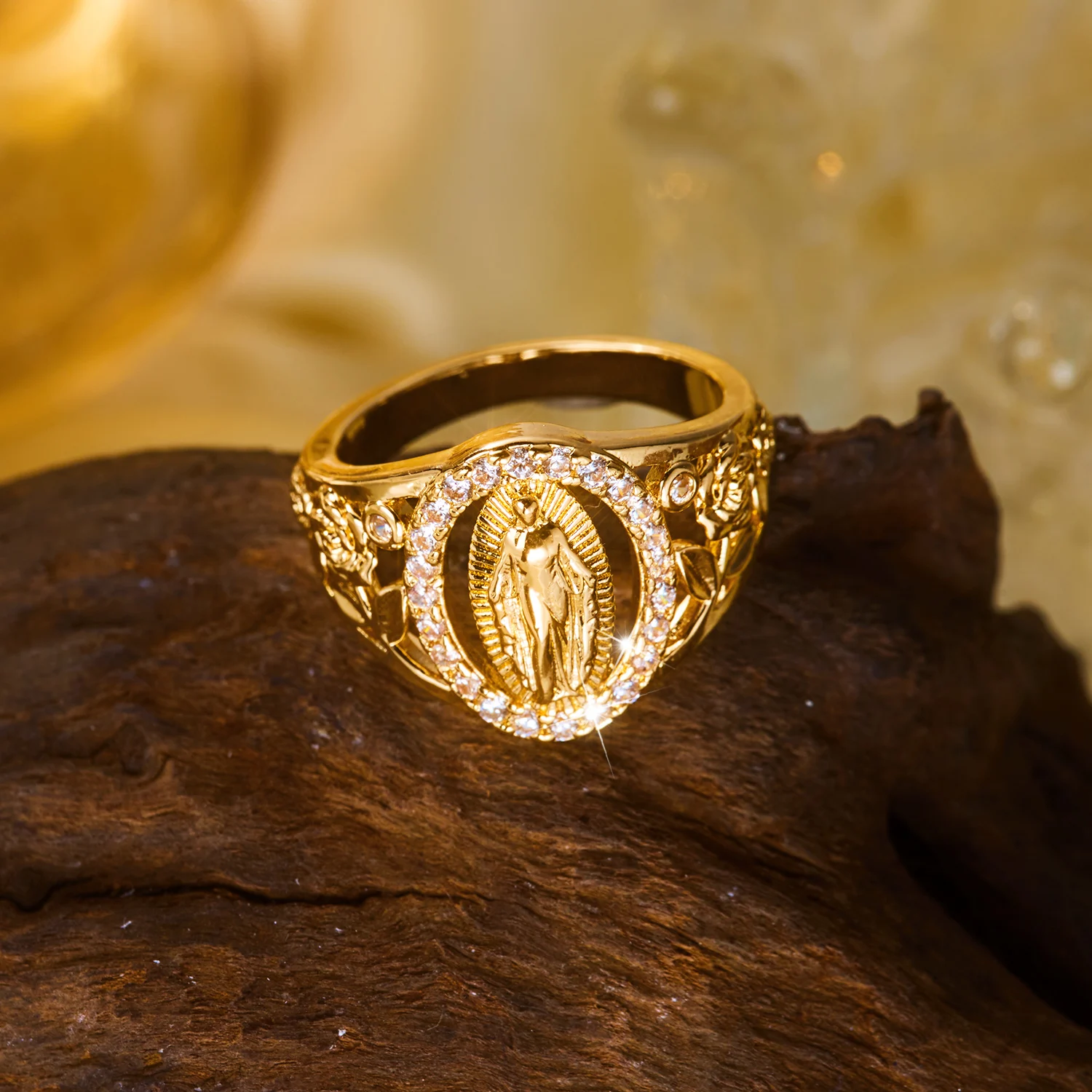 Vintage Porträt-Kameo-Ring für Damen Messing Zirkon Antiker Blumenrelief Ovaler Halo-Band Boho Romantischer Statement-Schmuck – Detail 5