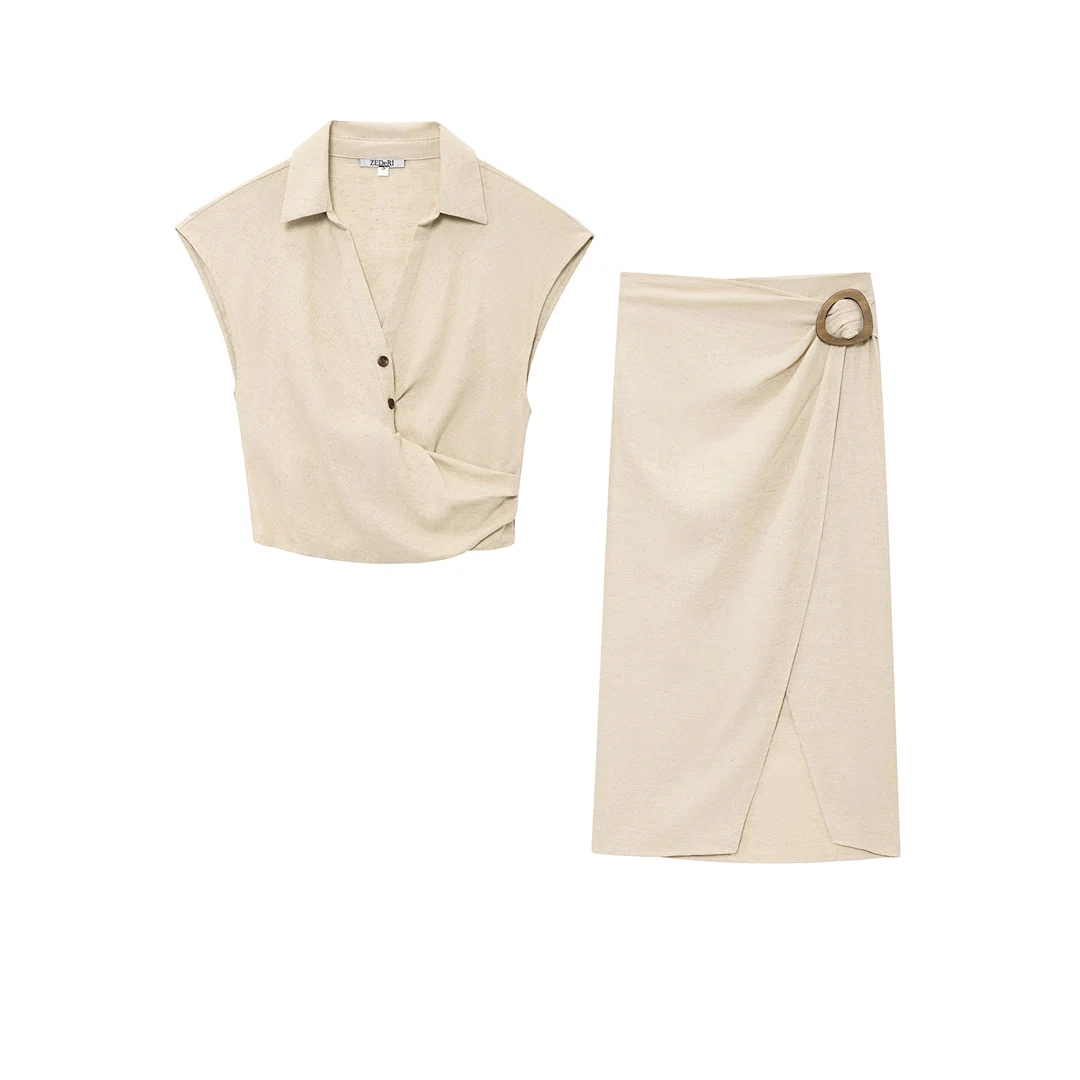 

Korejepo Women 2 Piece Set 2025 New Clothing European American Style Linen Blend Short Top Skirt Clothing
