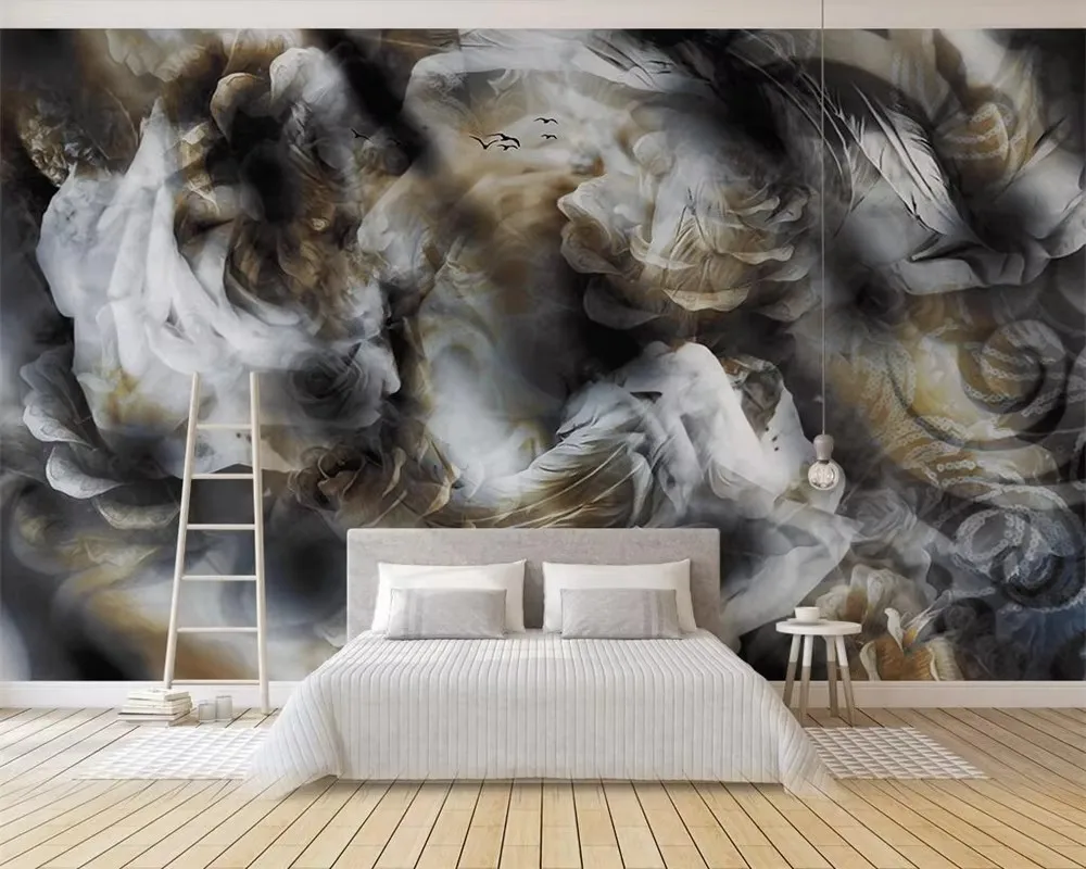 Custom wallpaper European Abstract Smoke hand-painted flower feather nostalgic TV background wall living room 3d wallpaper