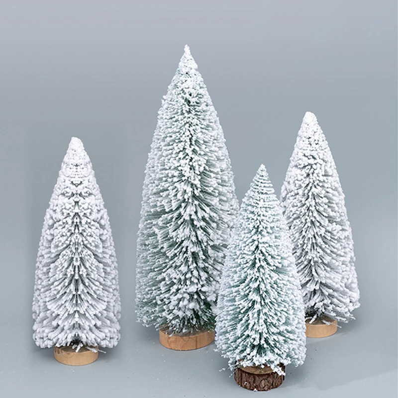 Snow-flocked Artificial Mini Wooden Christmas Tree White Green Small Sisal Xmas Tree Tabletop Ornament New Year Holiday Decor