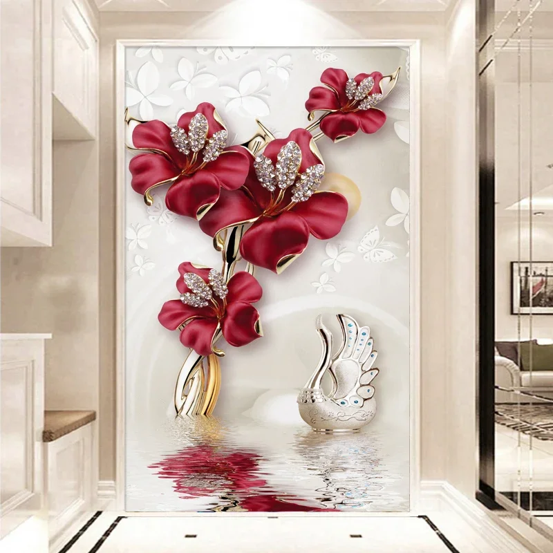 Custom Mural 3D Jewelry Red Flowers Butterfly Entrance Wall Decor Painting For Living Room Corridor Hallway Background Wallpaper