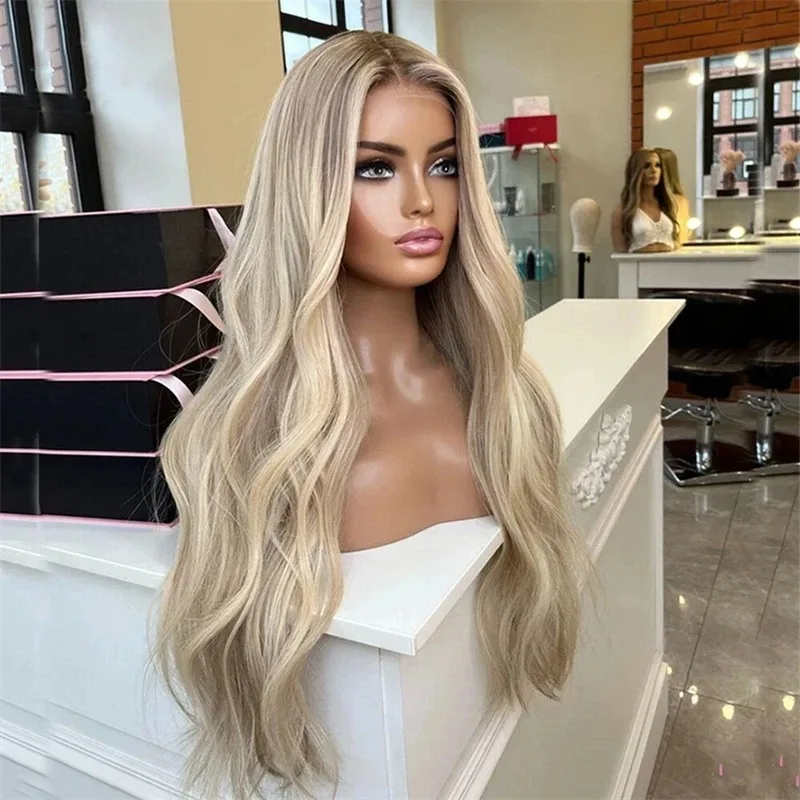 Ombre Ash Blonde Wig Highlights Ombre Balayage Synthetic Wig For Women Middle Part Realistic Body Wave Wig Elastic Hair 26