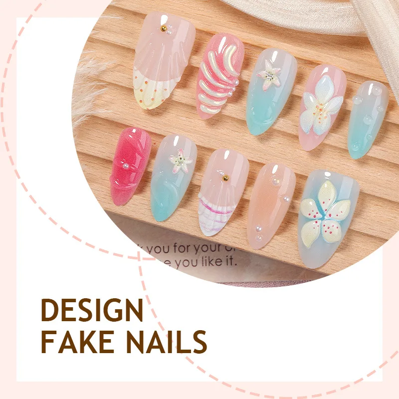 Press on Nails Elegant Daily Commute for Women 3D Polka-Dot Pearl Flower Shell Texture Resin Fake Fingernails Durable Chic
