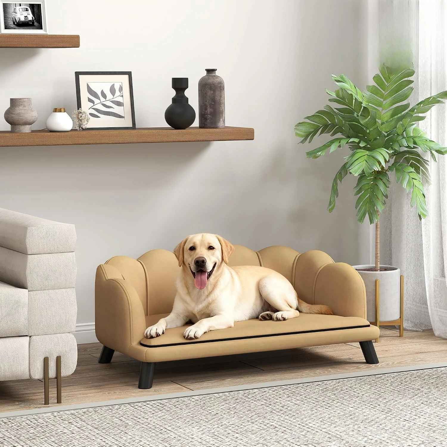 Velvet Large Dog Couch with Foam Cushion, Removable Washable Cushion, Pearl-Back Design Pet Sofa for Medium and Large Breeds