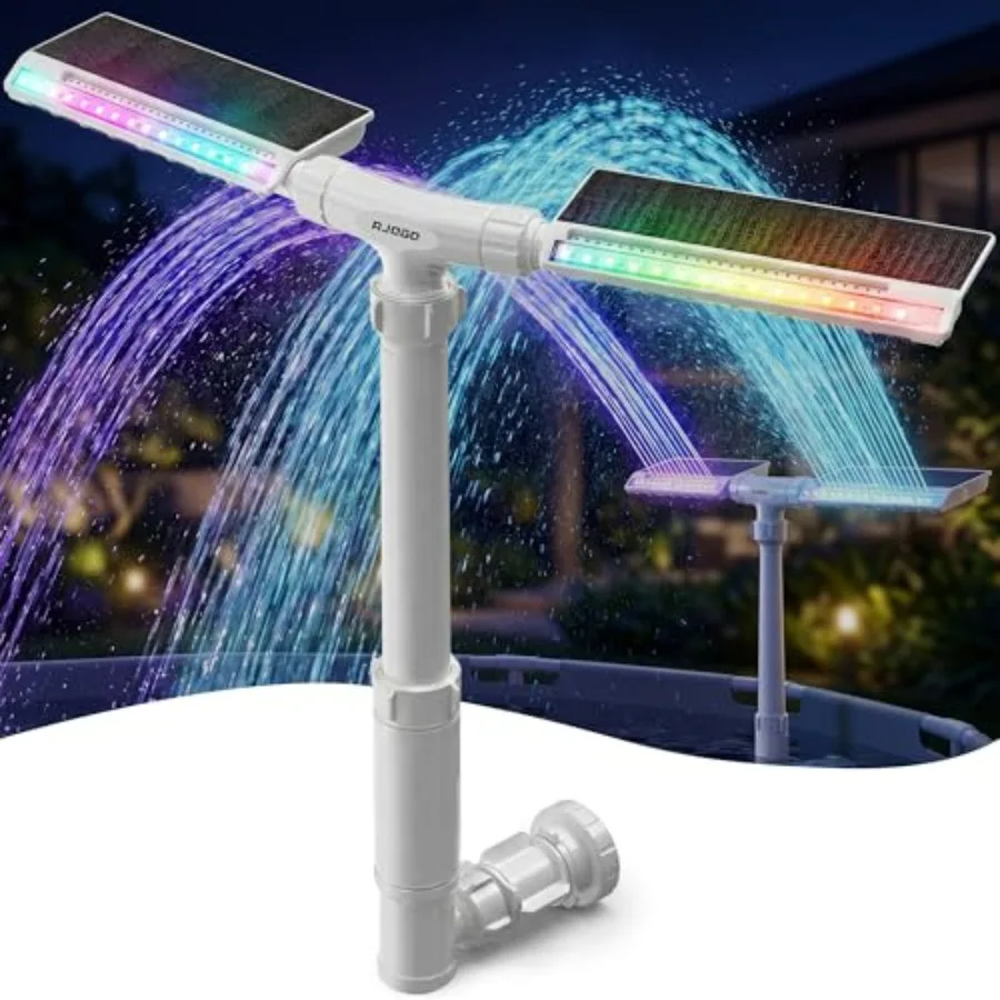 Solar pool fountain for inground above ground pools white ABS plastic, 10-color dynamic LED lights, dual-powered rechargeable,