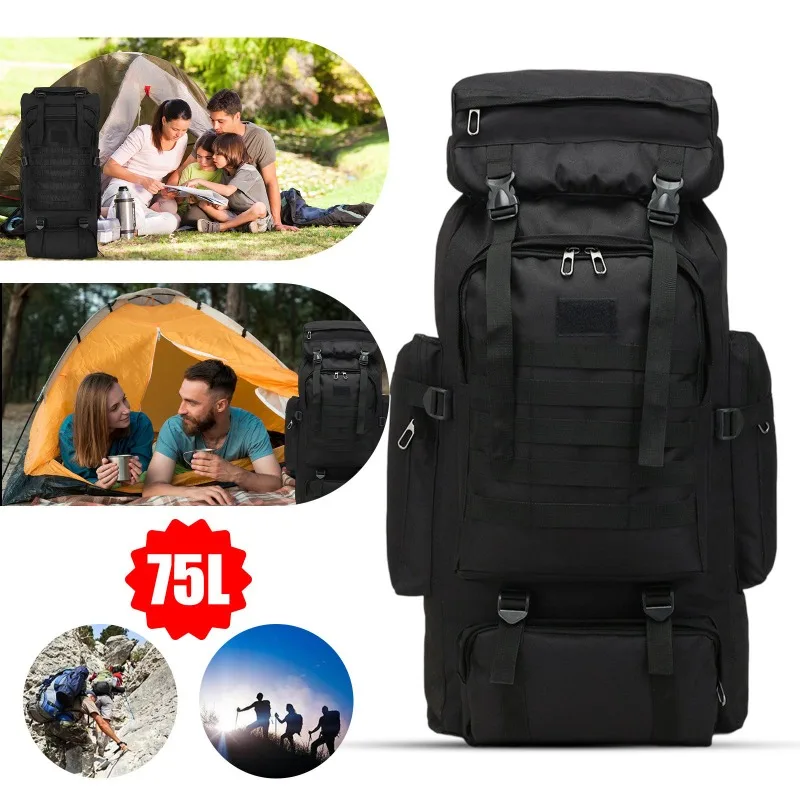 Schwarzer 75L Bergsteigerrucksack mit großem Fassungsvermögen, multifunktionaler taktischer Trekking-Rucksack, wasserdichter Outdoor-Wanderrucksack für Camping, Reisen, Klettern, Jagd