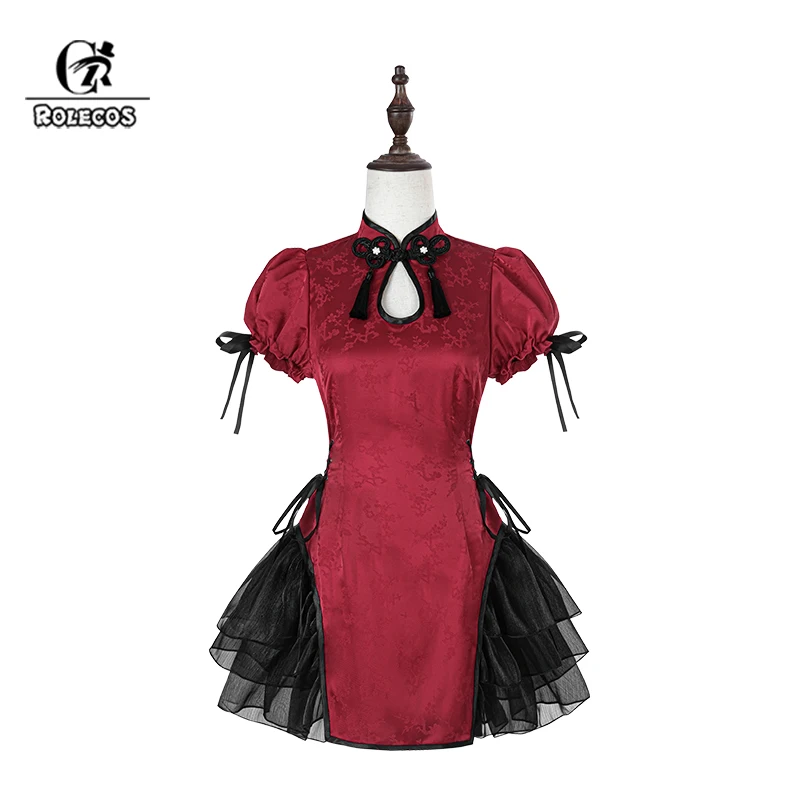 ROLECOS, Vestido Cheongsam Original Nuevo de Estilo Chino Antiguo para Mujer, Color Rojo y Negro, Disfraz de Cosplay para Halloween, Traje Clásico Ligeramente Sexy
