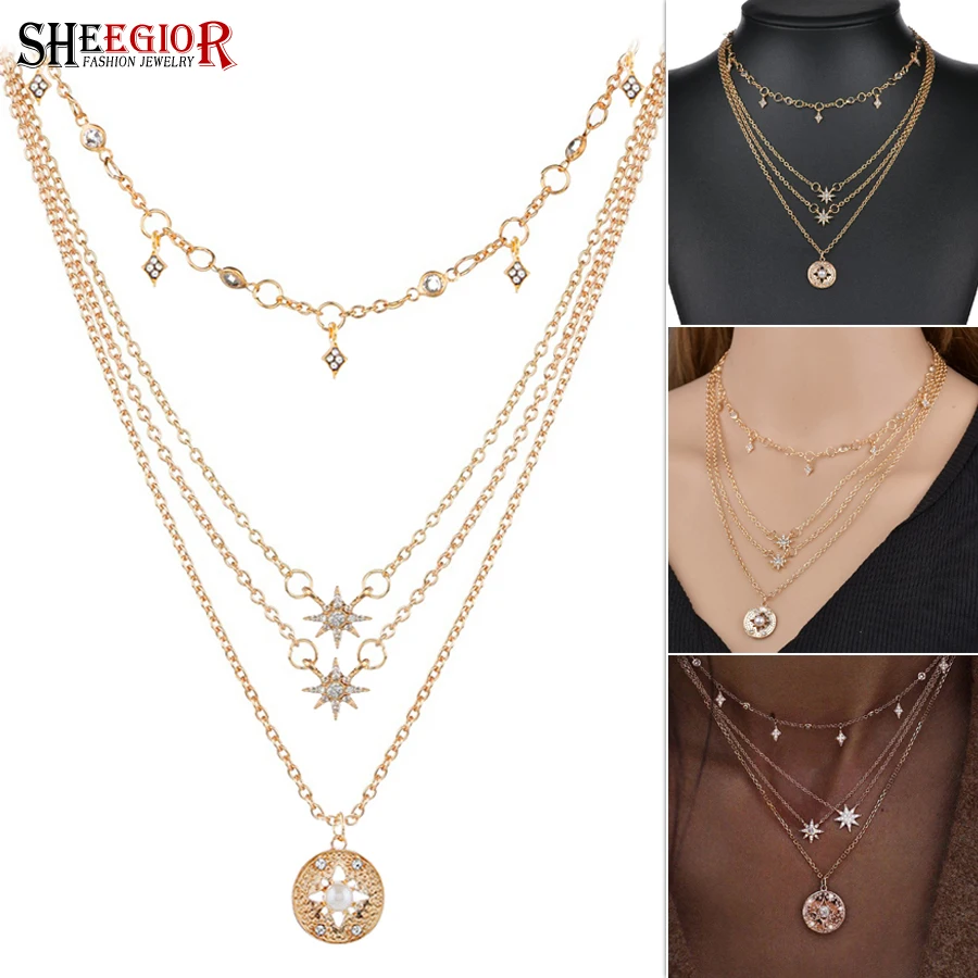 Love Layered Chain Charm Necklaces Women Accessories Space Star Moon Pendants Chokers Necklace Fashion Ornaments Friendship Gift