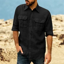 Cotton Linen Men's Classic Shirt Double Pocket Long Sleeve Casual Tops Lapel Solid Color Lightweight Shirt Trendy Male Clothing