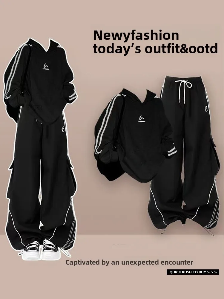 

Fall College Sle Women's Casual Hoodie Set with Bla Slimming Sports Work Pants Two Piece Suite Korean Faion Loose Fit