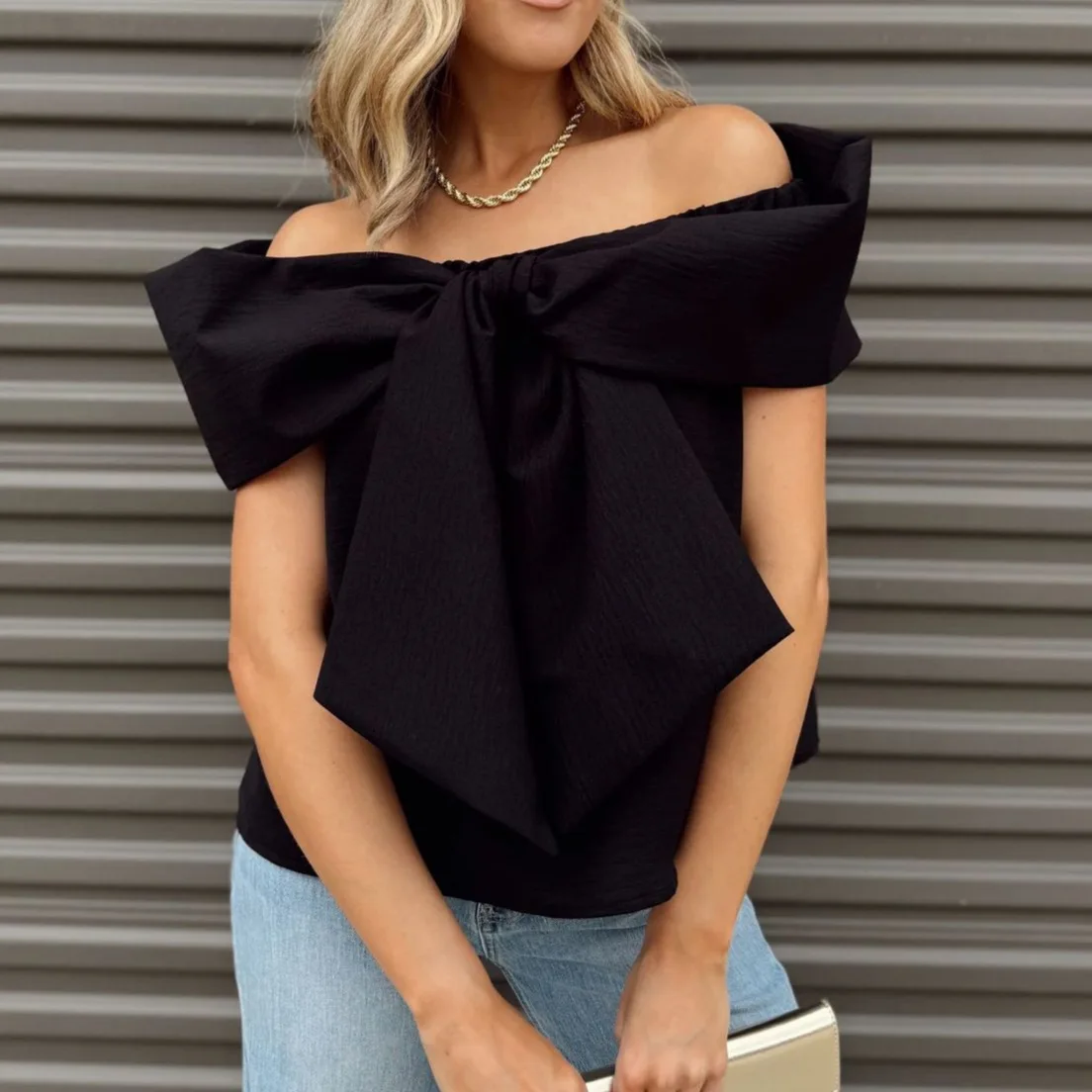 2026 New Summer Off Shoulder Bow Fold Top Women's Elegant One Neck Chiffon Shirt