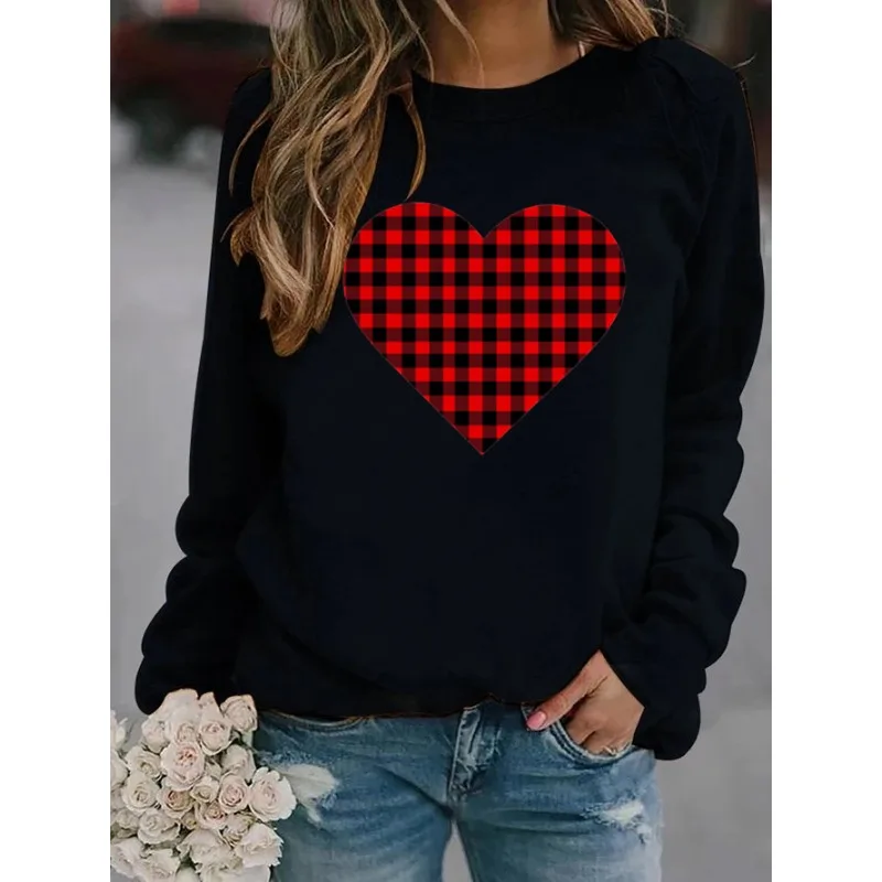 Europe and United States Valentine's Day New Round Neck Long Sleeve Sleeve Casual Plaid Love Printed Fleece Hoodie Sweatshirt