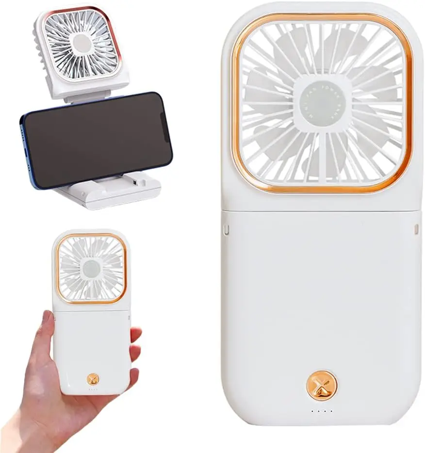 Portable Mini Neck Fan, Folding Rechargeable Personal Fan with Phone Holder, Small Fan for Desk/Bedroom Small & Quiet