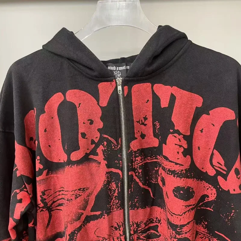 

Oversized MIXED EMOTION Men’s Hooded Jacket Alien Graffiti Print Women Black Washed Zip Hoodies