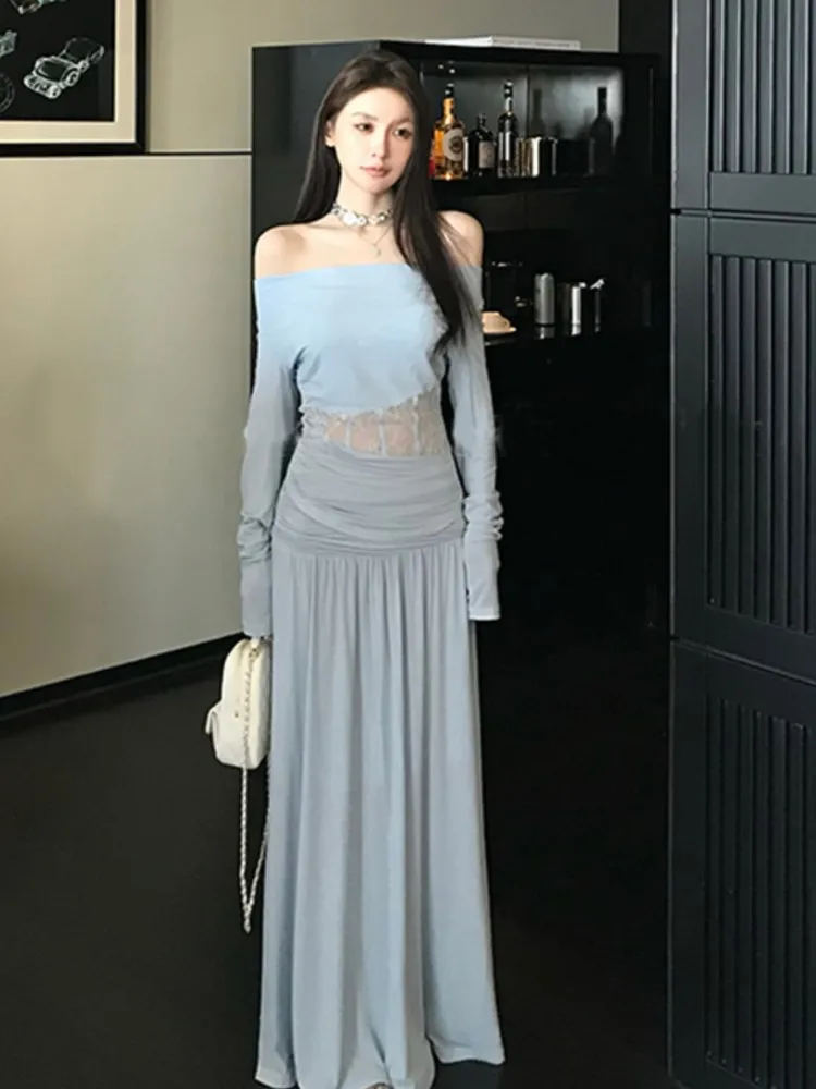 Conjunto de faldas elegantes de 2 piezas para mujer, trajes de fiesta a la moda, encaje ahuecado, Top ajustado de manga larga, falda acampanada, ropa de otoño Y2k