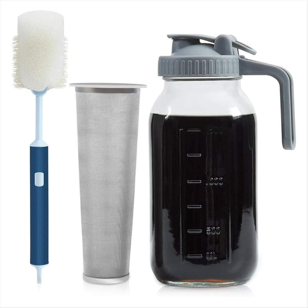 KSOL Cold Brew Coffee Maker Jar 64Oz, Thick Glass Cold Brew Pitcher Flip Cap Spout Lid with Handle