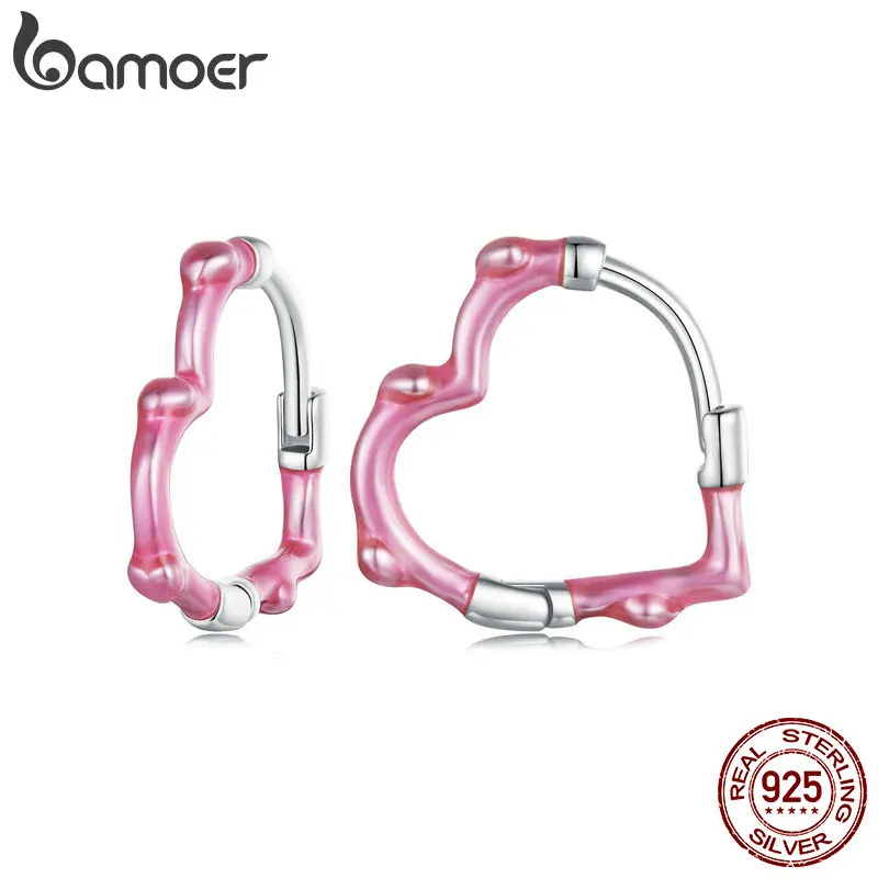 BAMOER 925 Sterling Silver Pink Heart-shaped Ear Buckles Two-Tone Hoop Earrings for Women Party Sweet Fine Jewelry Gift