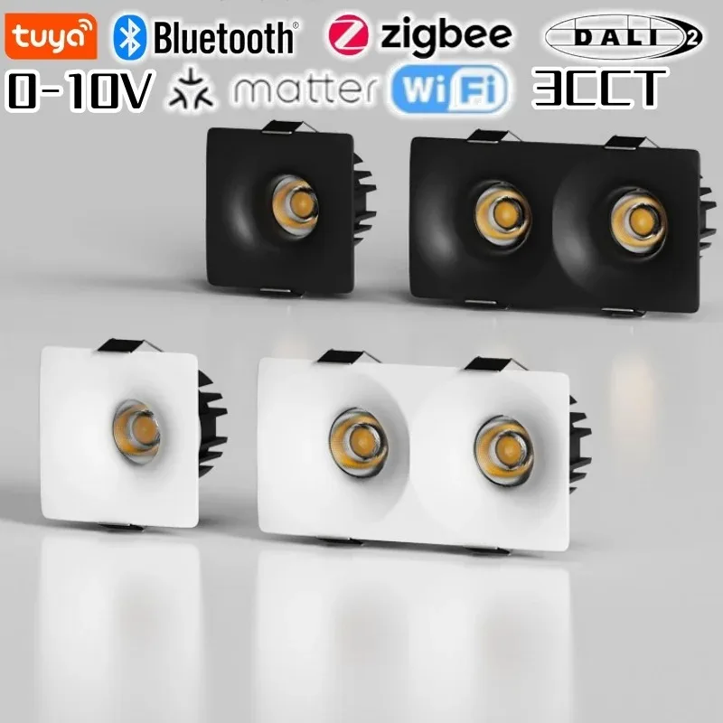 Invisible Frameless Dual-Head Smart COB Spotlight 10W TUYA Bluetooth Zigbee 0-10V DALI Matter 3CCT AC85-265V Smart Home Lighting