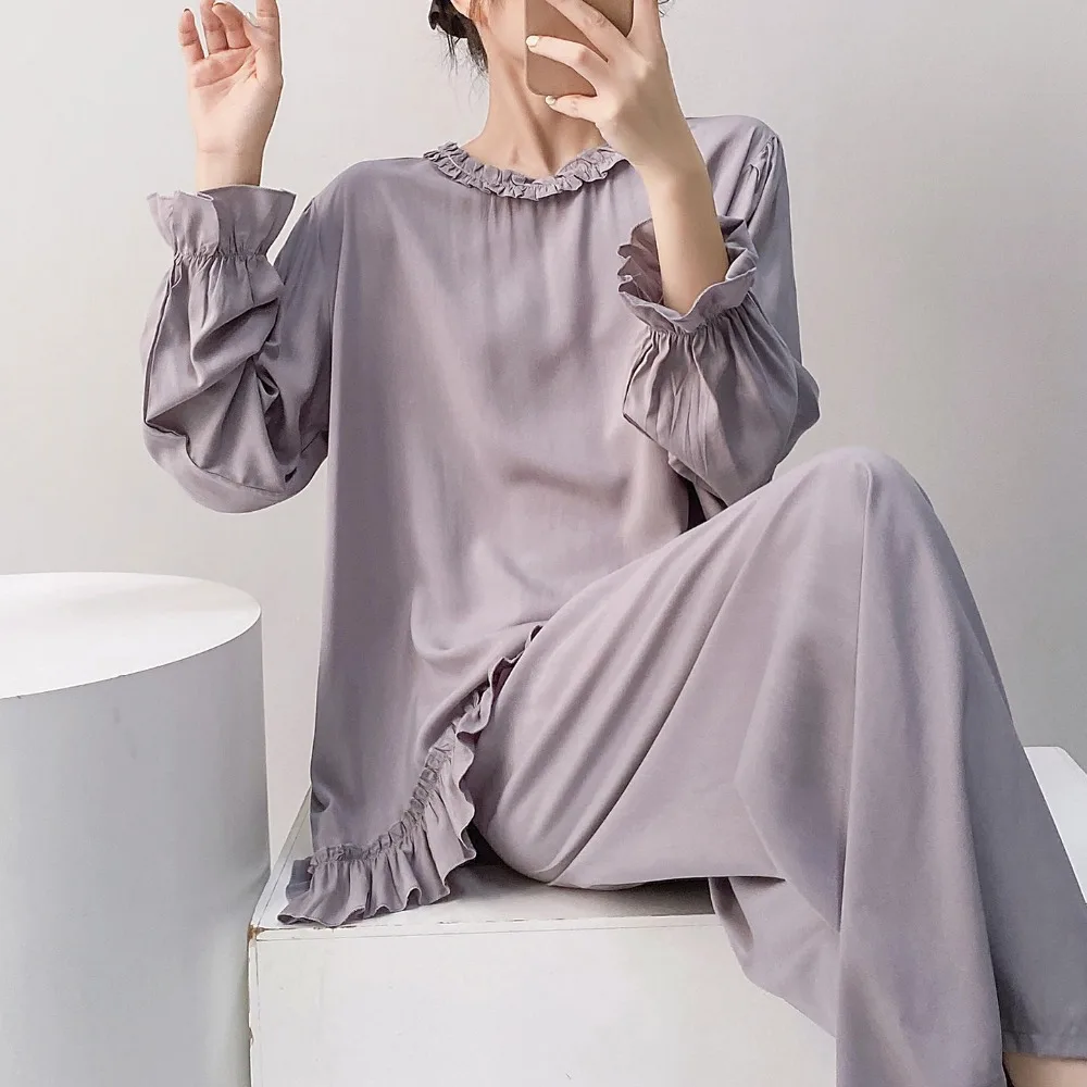 Casual Solid Color Home Wear Comfy Loungewear Suit Long Sleeve Nightwear Autumn 2 Piece Nighty Women's Sleepwear Pajama Set